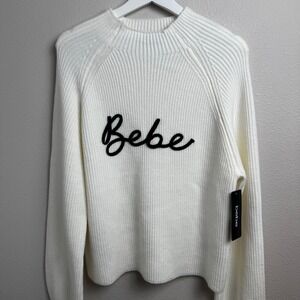 Bebe Marshmallow Ribbed Mock Neck Sweater Large Relaxed Cream White New